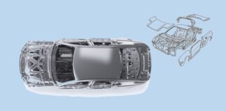 A car and its aluminum parts, top and front view.