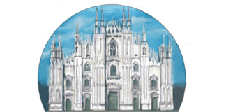 Milano dopo covid sulla rubrica Spazio Milano di Fyinpaper, logo con scritta e disegno del Duomo di Milano