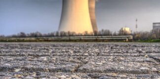 The picture is a photography that represent a huge chimney in the middle of a clear blue sky. the framing of the picture allows us to see a big chunk of the grey asphalt and all its roughness