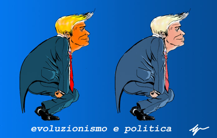 L'immagine è una vignetta satirica che mostra due il presidente USA Donald Trump in posa simile a quella di un cavernicolo di profilo. L'immagine si ripete due volte con la sola differenza della saturazione. lo sfondo è azzurro
