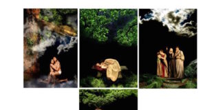 In the photograph, the installation by Ester Ségal consisting of four photographs depicting men, women and natural environments with a black background