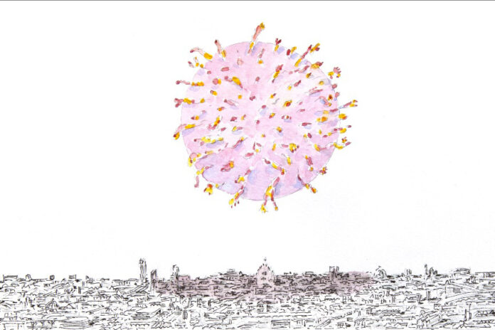 The picture is a drawing that represent a covid-19 cell floating over a sketched city