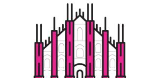 logo della rubrica Spazio Milano con l'immagine della facciata del Duomo in bianco e rosa shocking e la scritta Spazio Milano sotto in nero.